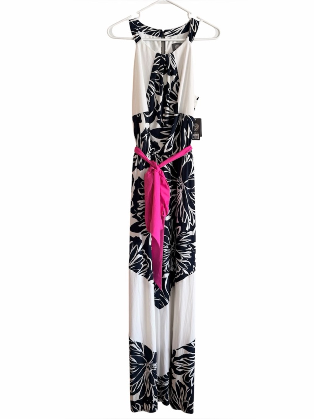 Vince Camuto White Navy Floral Pink Tie Belted Resortwear Maxi Dress Size 12 NWT